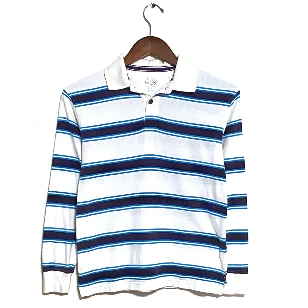 Children’s Place Striped Long Sleeve Polo Shirt White Navy Blue Stripes L 10/12